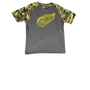 Fanatics Detroit Red Wings NHL Camo Raglan T-Shirt Mens XL Grey Neon Logo